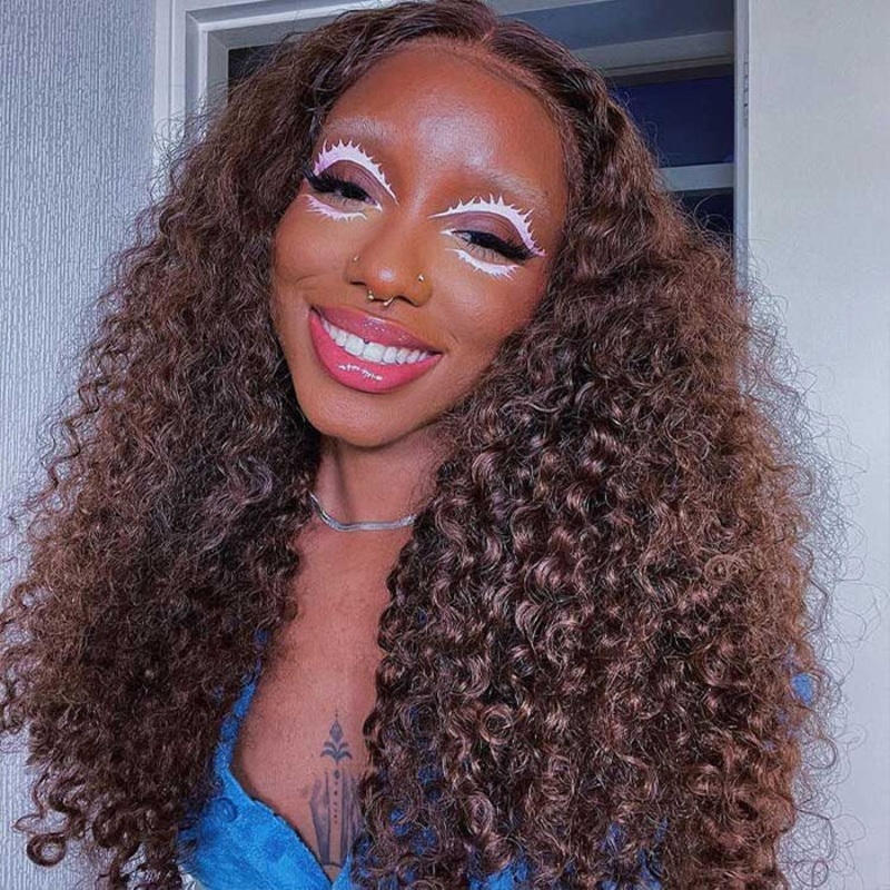Glueless Ready & Go Wig Curly Hair 8*5 Pre Cut HD Lace Closure Wigs #4 Chocolate Brown Color 10 Bob 8×5 Pre-Cut HD Lace Natural (180%)