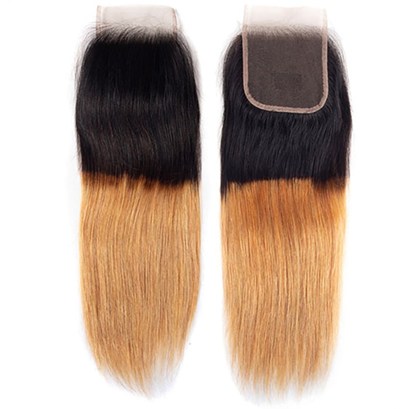 Ombre T1B/27 Straight Hair Free Part 4×4 HD Transparent Lace Closure 100% Human Hair Lace Closure 10 Medium Brown Lace Free Part