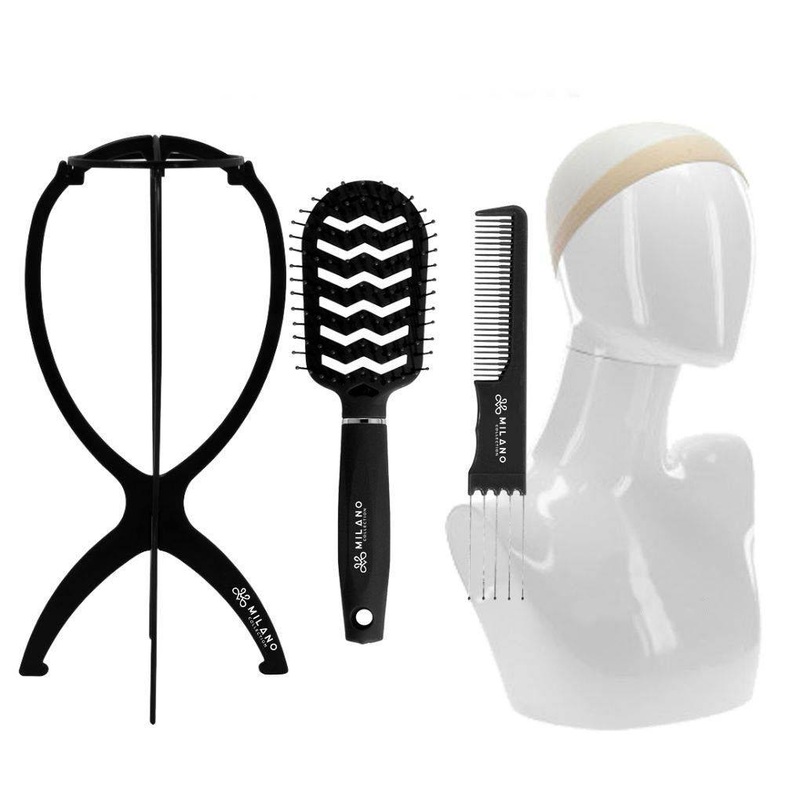 Value Pack :14″ Halo Plastic Wig Stand with 9 Pack Nude Nylon Wig Caps and Black Brush & Comb Set