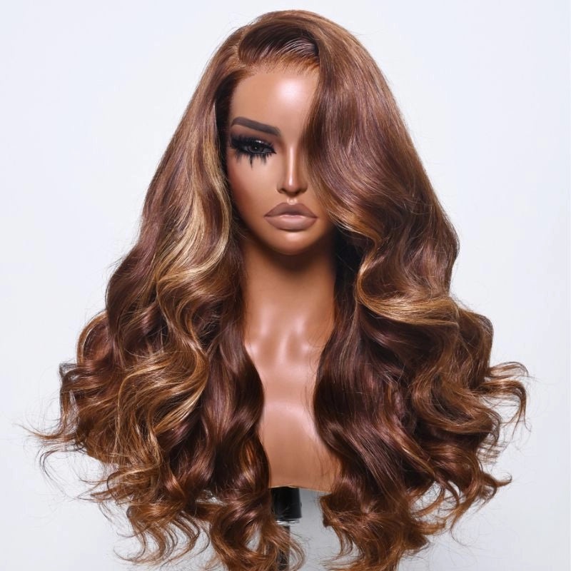 QVR Highlights 13×4 Lace Front Brown Body Wave Wigs Bleached Knots 4×4 Lace Closure Wigs 4×4 Lace 14