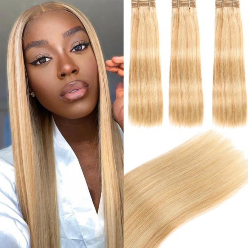 QVR Remy Human Hair 3 Bundles Straight Human Hair Weave Piano Blonde Color 27/613 12″12″12″