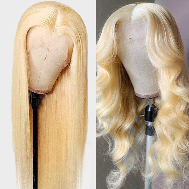 QVR Straight and Body Wave 2 Pieces Wigs Remy Human Hair 613# Blonde Wigs Middle Lace Part Wigs 10 613#