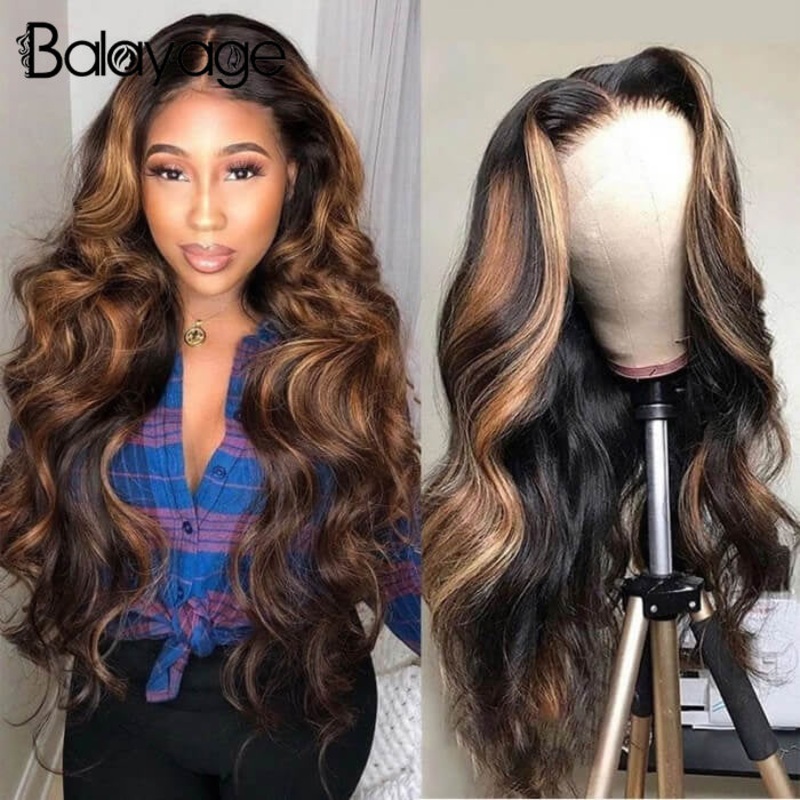 Body Wave 13×6 Transparent Lace Front Human Hair Wigs Pre Plucked Balayage Highlight Wigs With Baby Hair 16 13×6 Lace 150%
