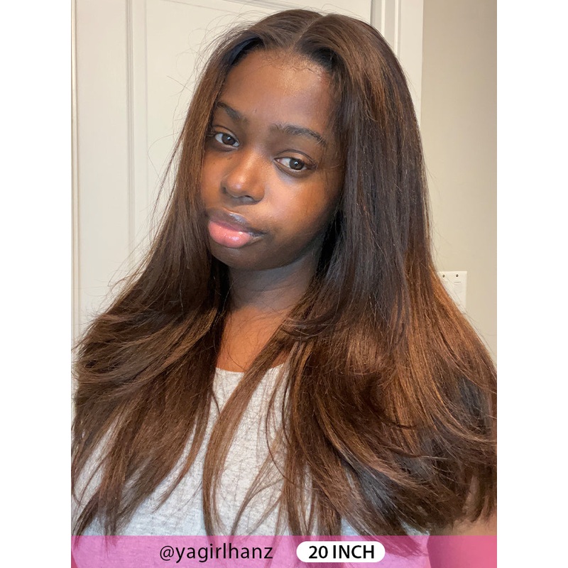 CurlyMe Layered Cut Black to Chestnut Brown Ombre Yaki Straight Hair 7×5 Pre-Cut Swiss Lace Wear Go Glueless Wigs 180% 16