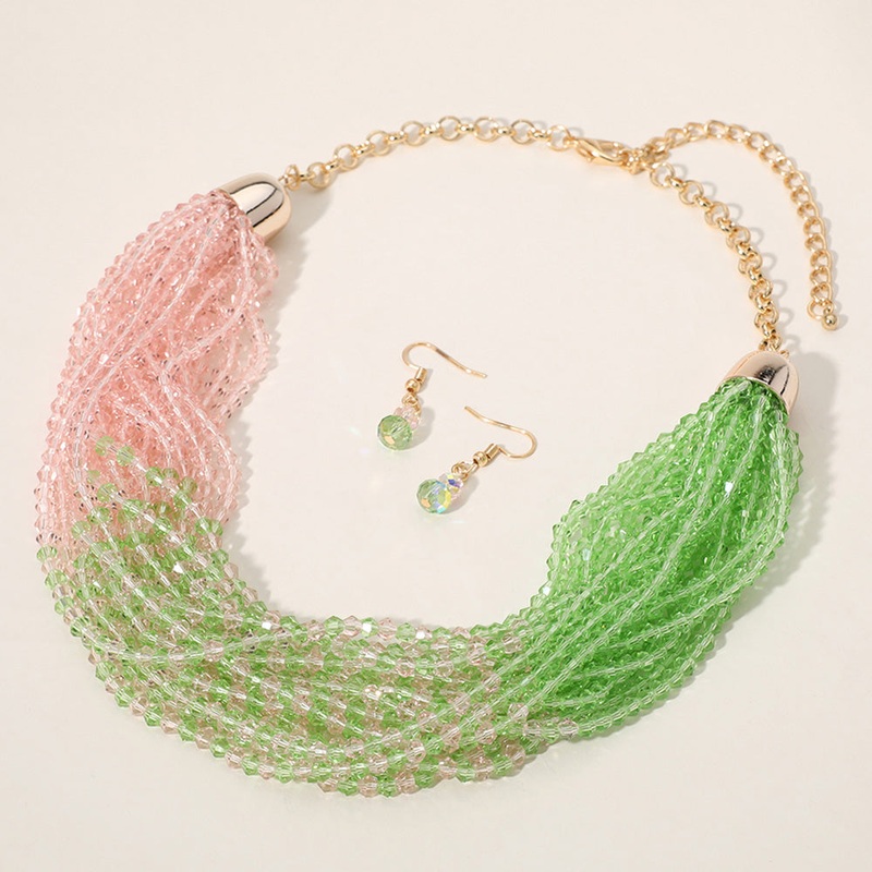 Faceted Beaded Multi Layered Strand Statement Necklace Pink&Green