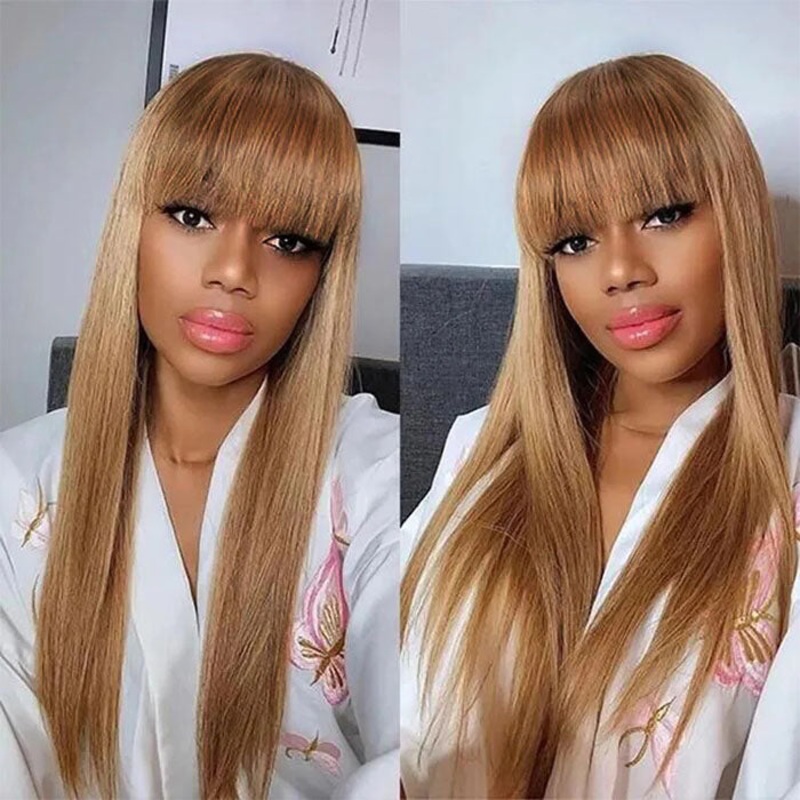 Ombre Blonde Silky Straight 13×4 Lace Front Wigs/Full Machine Made Wig With Brown Bangs 14 Full Machinemade Wig 150%