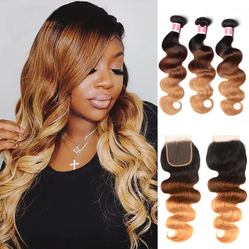 Ombre T1b/4/27 Body Wave 3 Bundles with Closure 100% Unprocessed Virgin Human Hair Free Part 12 12 12+10 Brazilian Hair