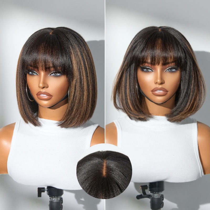 Put On and Go Brown Highlight Yaki Bob with Bangs Glueless Minimalist Lace Wig Breathable Cap 10