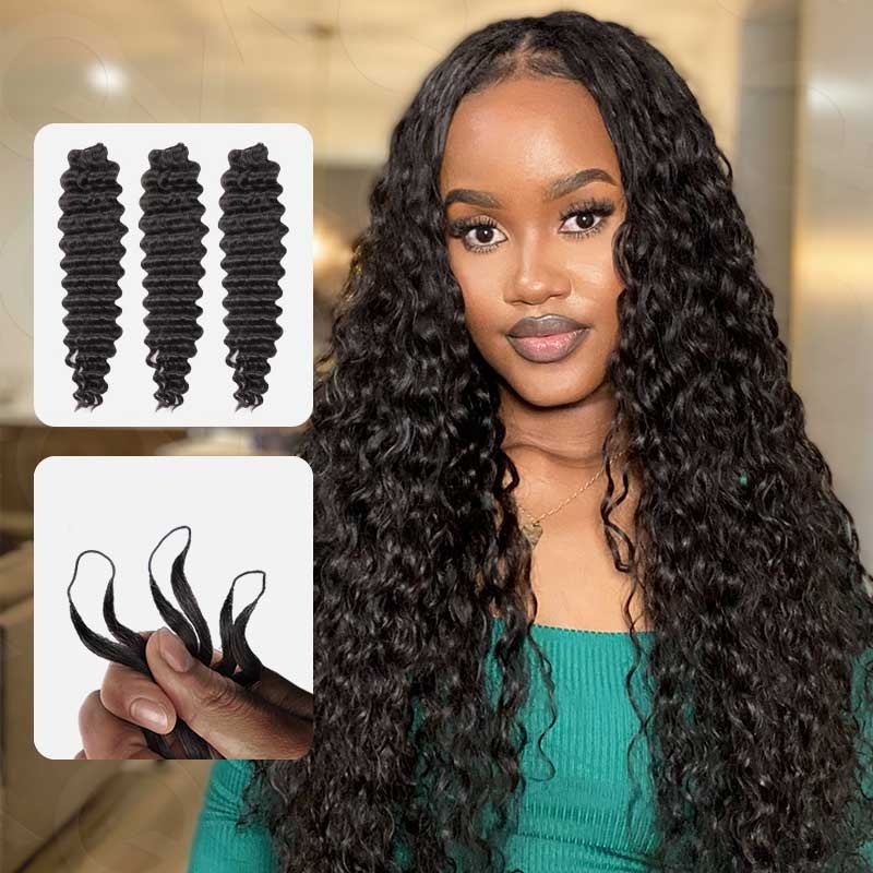 QVR Soft Deep Wave Feather Crochet Braid Natural Black Human Hair Extensions Deep Wave 3 Packs (Full Head) 12”