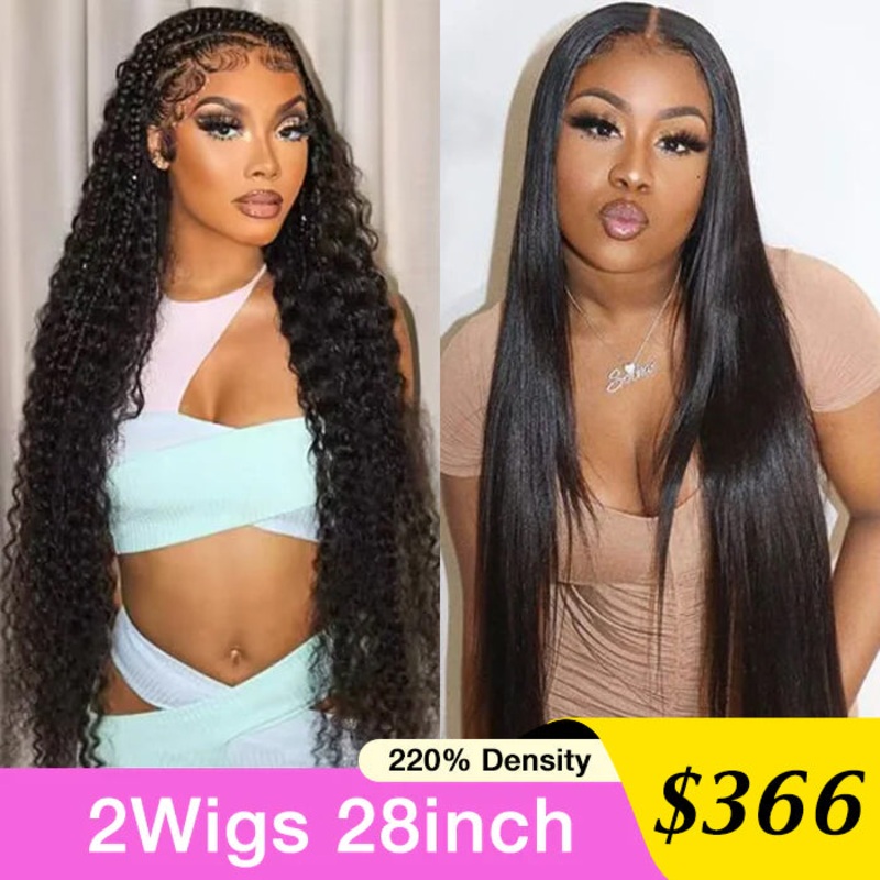 [2Wigs 28inch]  Deep Wave & Silky Straight Super Natural Versatile HD Lace Pre-All Glueless Wig Deep Wave Glueless Wig – 28inch 220% – 8×5 Pre Everything Silky Straight Wig – 28inch 220% – 8×5 Pre Everything