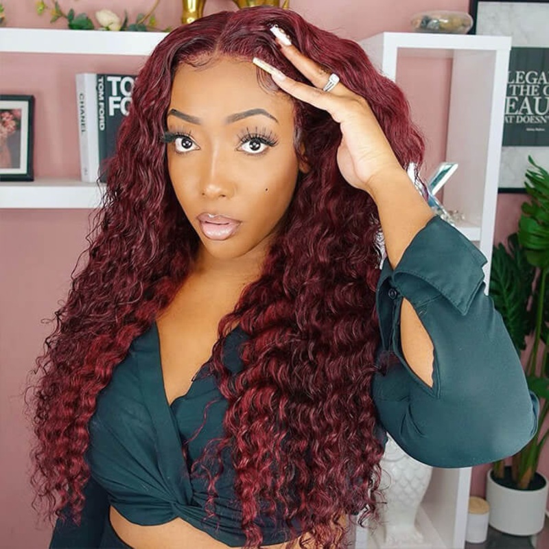 #99J Burgundy Wig Deep Wave Glueless Ready & Go Pre Cut Lace Closure Wig with Natural Hairline 14 8×5 Pre-Cut HD Lace 150%