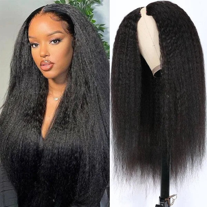 Exclusive Sale | Protective V Part Glueless Long Wig 100% Human Hair (Kinky Straight / Body Wave / Jerry Curly) Kinky Straight 16