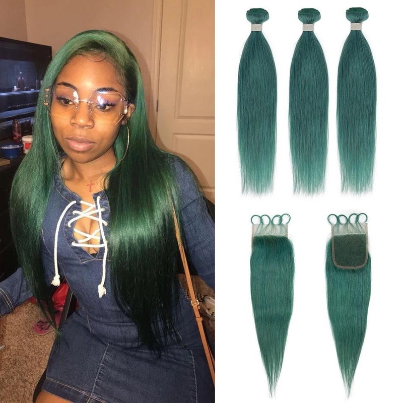 Queen Remy Human Hair 3 Bundles with Closure Straight Hair Weave Jade Green Color 8″8″8″+8″