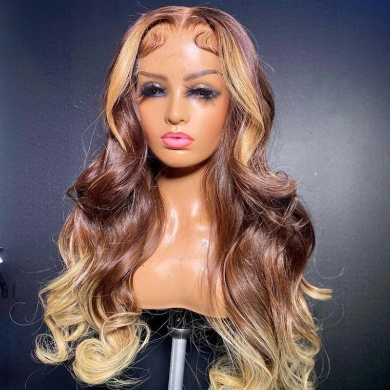 T4/27OmbreWigswithBlonde Skunk Stripe Body Wave 13*4/4*4 Lace Front Wig Ombre Blonde Highlight Human Hair Wigs 16 4×4 Lace 150%