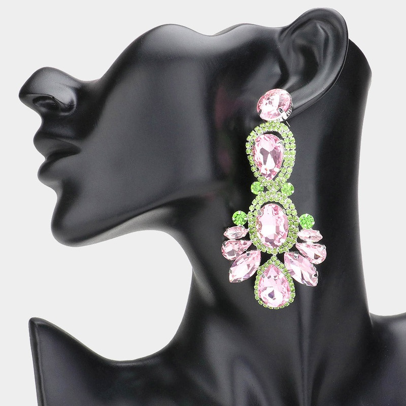 Crystal Rhinestone Pave Drop Evening Earrings Pink&Green