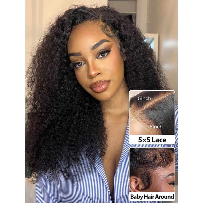 CurlyMe Virgin Human Hair Kinky Curly 5×5 Lace Closure Swiss Lace Wigs Pre Plucked HD Lace 180% 8