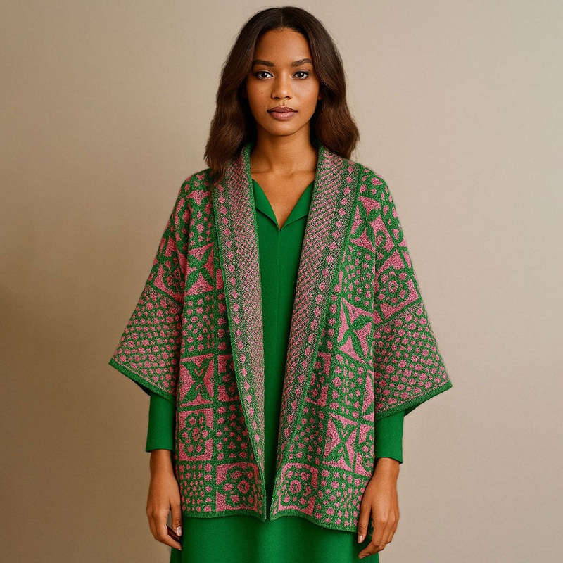 Open Front Tile Pattern Knit Wrap Cardigan Pink&Green