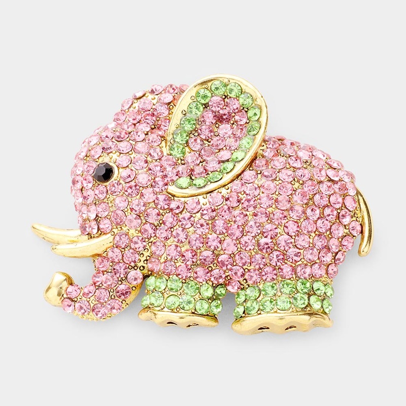 Rhinestone Pave Elephant Pin Brooch Gold, Pink&Green