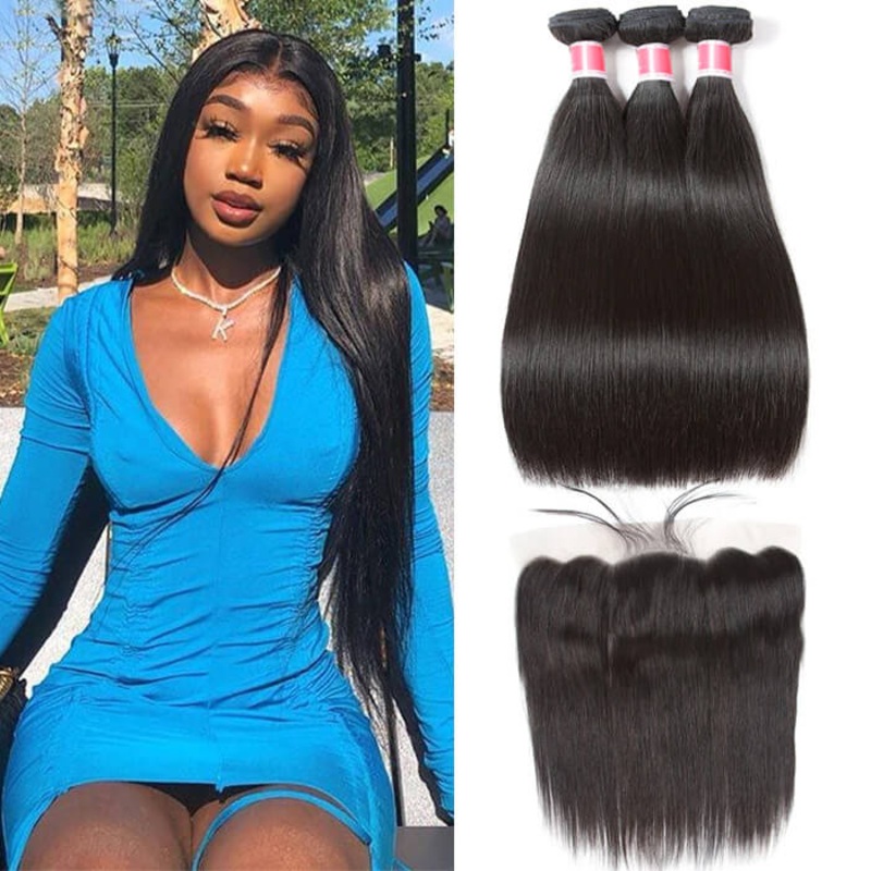 10″-30″ Brazilian Straight Virgin Hair Weave 3 Bundles With Lace Frontal 13×4 Ear To Ear 12 12 12+10
