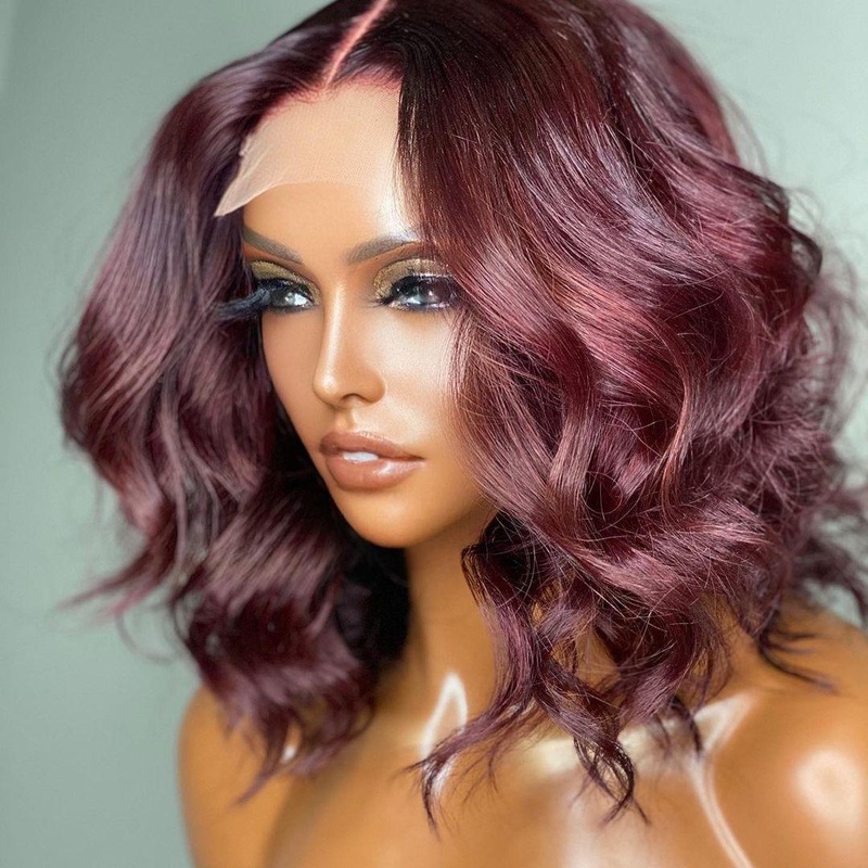 Dark Plum 99J Hair Color Wig Loose Wave Minimalist HD Lace Glueless Mid Part Short Wig – US Only 10 No