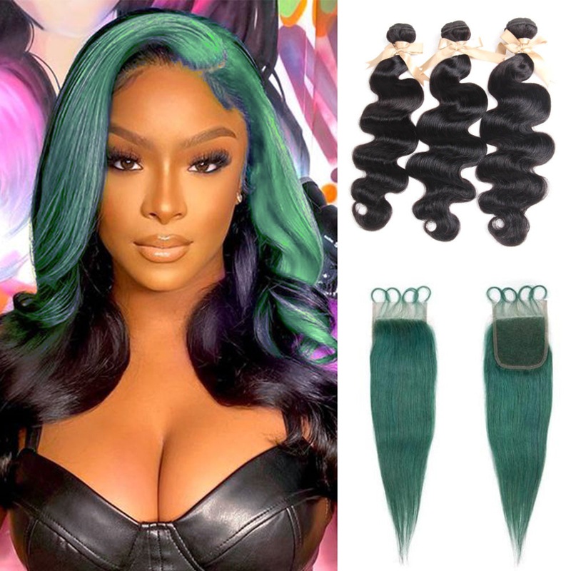 Queen Remy Human Hair 3 Bundles with Closure Virgin Human Hair Weave  Jade Green Closure And Black Hair Bundles Skunk Stripe Human Hair 8″8″8″+8″