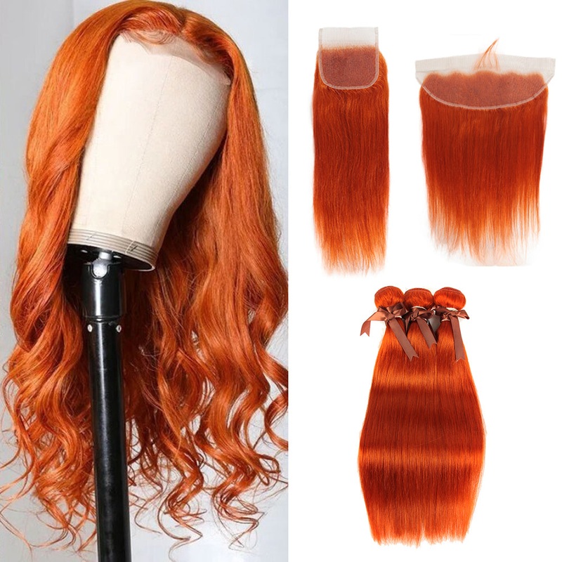 Queen Remy Human Hair Ginger Orange Color 3 Bundles with Closure Straight Hair Weave Orange Color 4×4 Lace 8″8″8″+8″