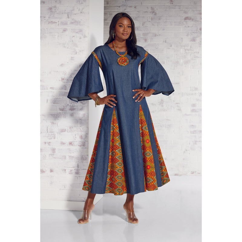 Romina’s Removable-Sleeve Maxi Dress & Fabric Necklace by EY Boutique DENIM MULTI 3X