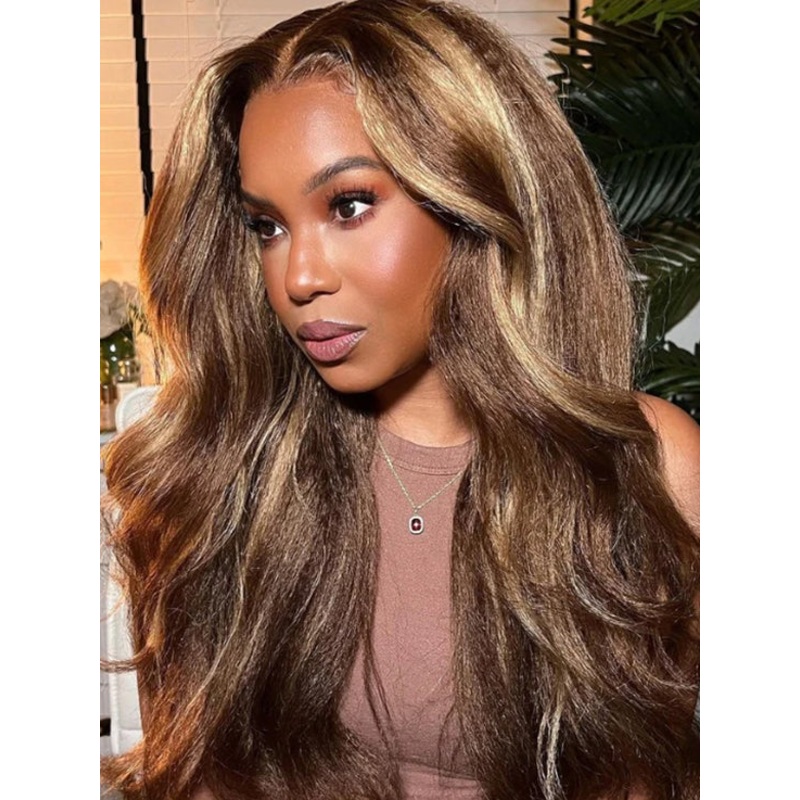 CurlyMe 4/27 Highlight Kinky Straight Wear Go Glueless Wig Pre-plucked with Natural Hairline 8(bob)