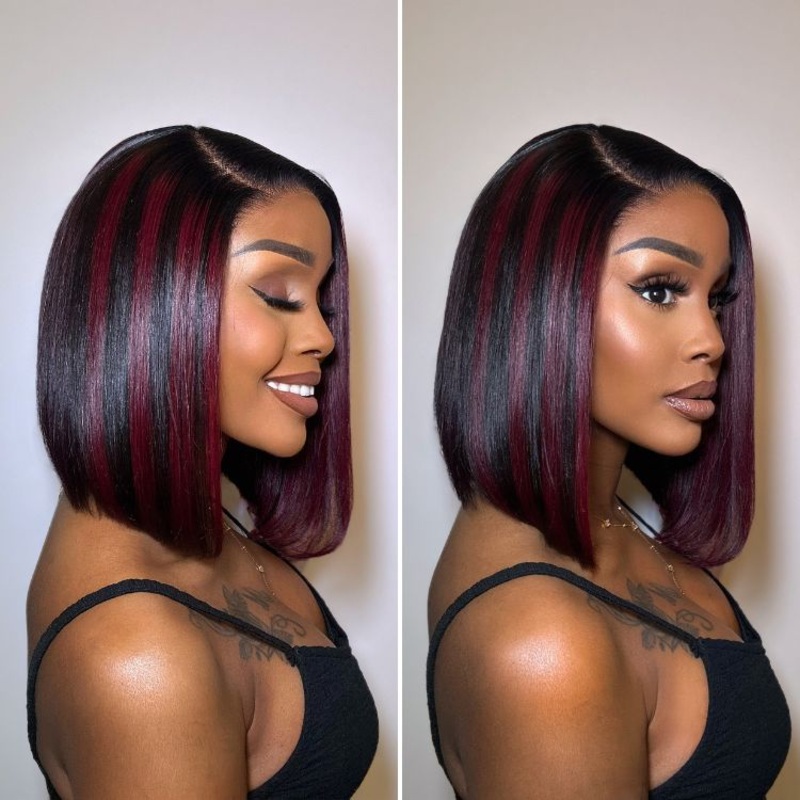 Dark Red Highlights Silky Blunt Cut C Part Glueless Minimalist HD Lace Bob Wig Beginner Friendly 10 No