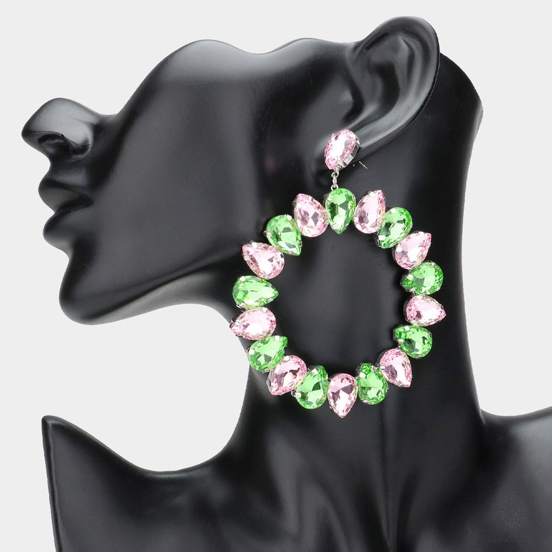 Teardrop Glass Crystal Open Circle Evening Earrings Pink&Green, Rhodium