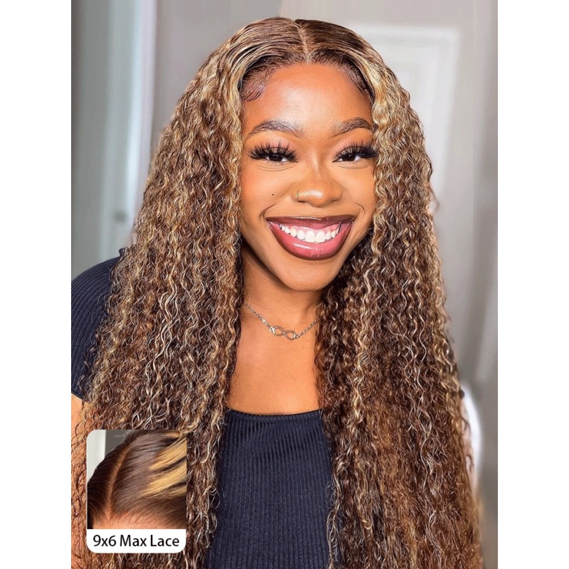 CurlyMe Pre-cut 9×6 Lace M-cap Wear Go Glueless Mini Knots Water Wave Highlight Wig Pre-plucked Transparent Lace 8(bob)