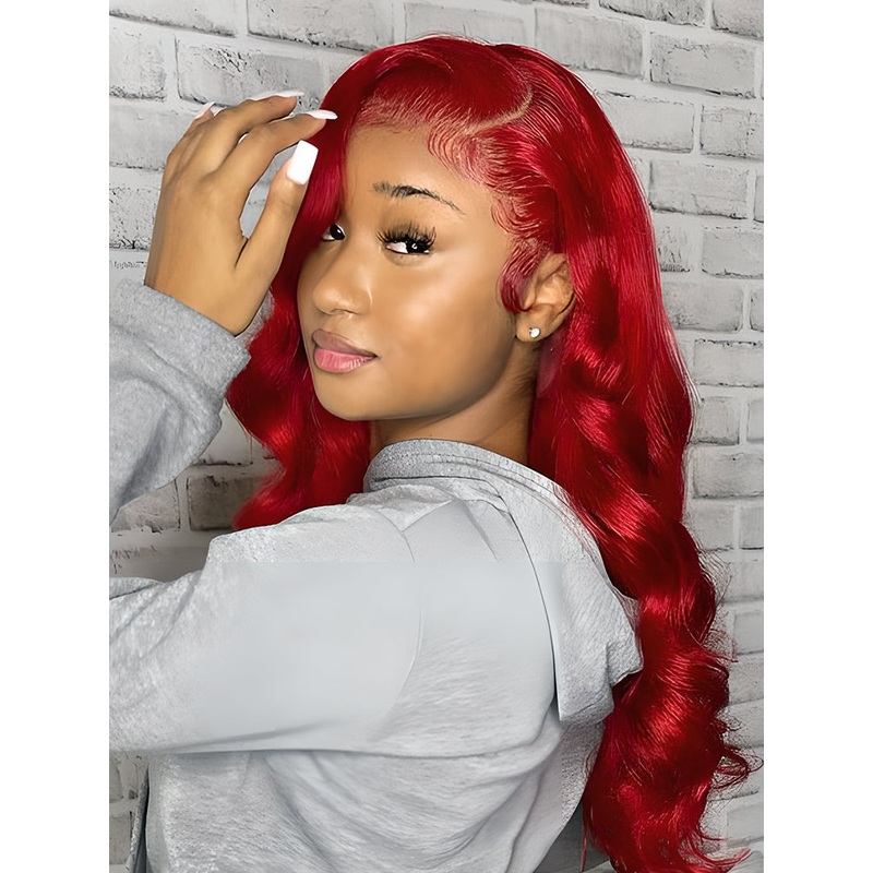 CurlyMe Red Colored Body Wave Hair Lace Front Wigs Pre Plucked Hairline 180% 16