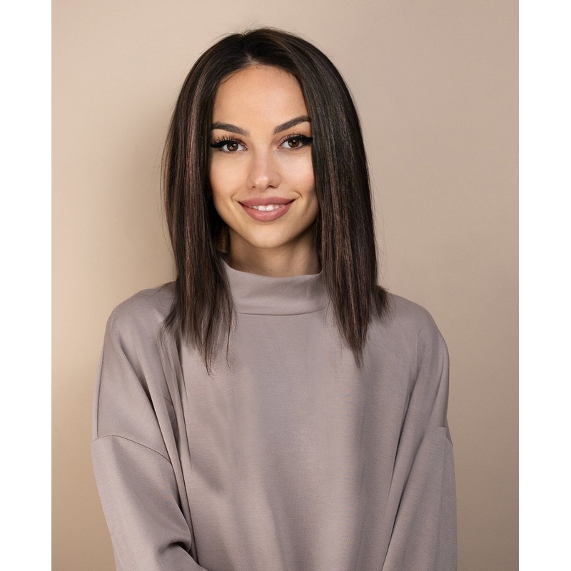 full lace human wig – 12″ dark highlights.