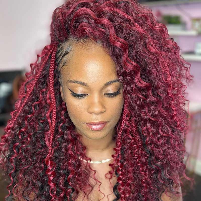 QVR Lightweight Ripple Deep Curl Burgundy Highlight Crochet Braid Hair Extensions Bright Burgundy #530 3 Packs (Full Head) 22”