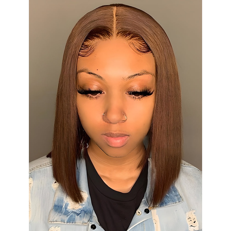 CurlyMe #6 Medium Brown Color Bob Wigs Straight Hair Lace Front Wigs 4×4 180% 10