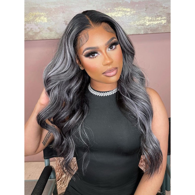 CurlyMe Platinum Gray and Black Straight Ombre Highlights Hair 13×4 Lace Front Wigs 180% 16