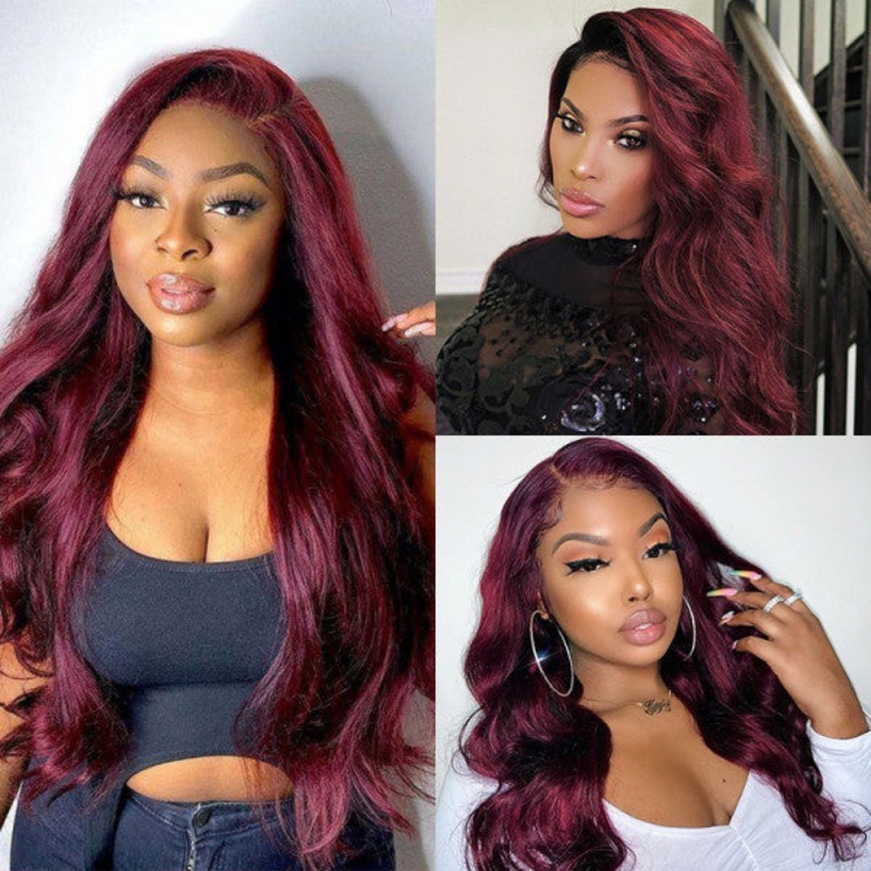 QVR Body Wave Burgundy Wigs 13×4 HD Lace Front Wigs 99J Colored Wigs Real Hair Wigs 200% Density Glueless Wigs 16″ 13X4 Burgundy