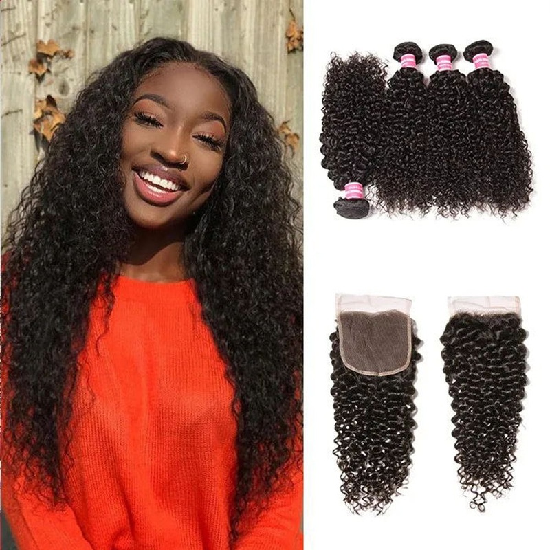 QVR Remy 4 Bundles Jerry Curl With 4X4 Lace Closure Kinky Curly Hair Natural Color 10″10″10″10″&10″