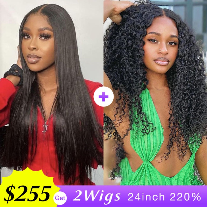 [2Wigs 220%] Jerry Curly & Silky Straight Effortless 3S Install Pre Bleached & Plucked Glueless Wig Jerry Curly Wig – 24inch 220% – 8×5 Big Lace Parting Straight Wig – 24inch 220% – 8×5 Big Lace Parting