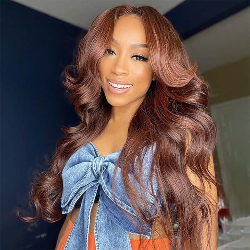 #33 Reddish Brown Curtain Bangs Wigs 13×4 HD Lace Front Human Hair Wig 14 8×5 Lace Wear Go 150%