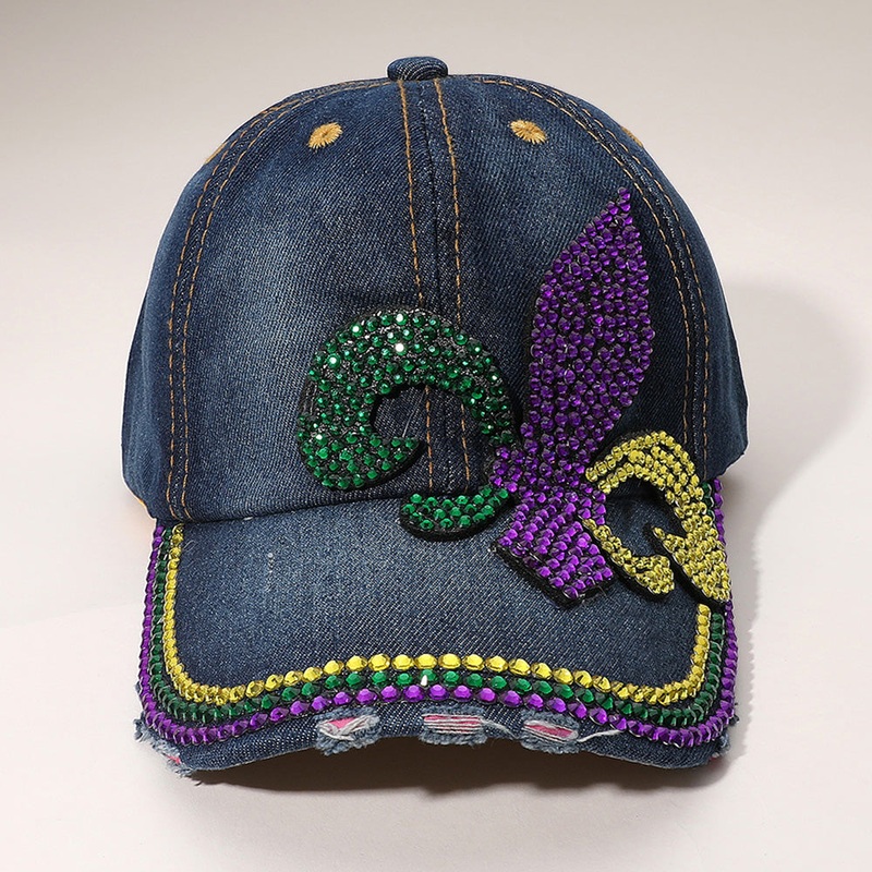 Bling Studded Mardi Gras Baseball Cap Denim