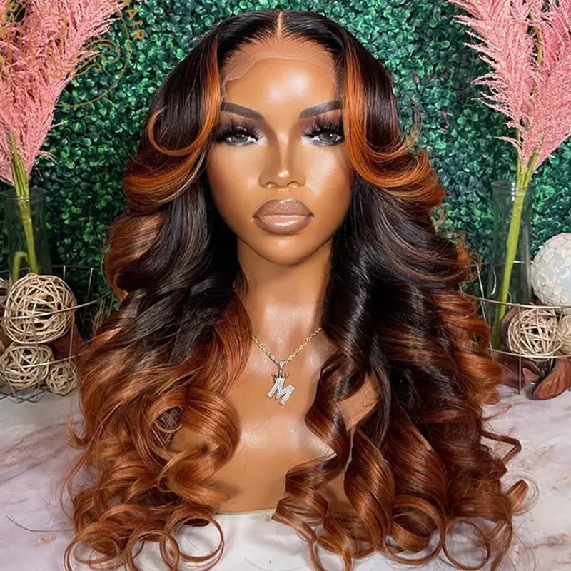 Ombre Brown Colored 13×6 Transparent Lace Frontal Wig Pre-Plucked Highlight Lace Front Human Hair Wigs For Women 16 13×6 Full Lace 150%