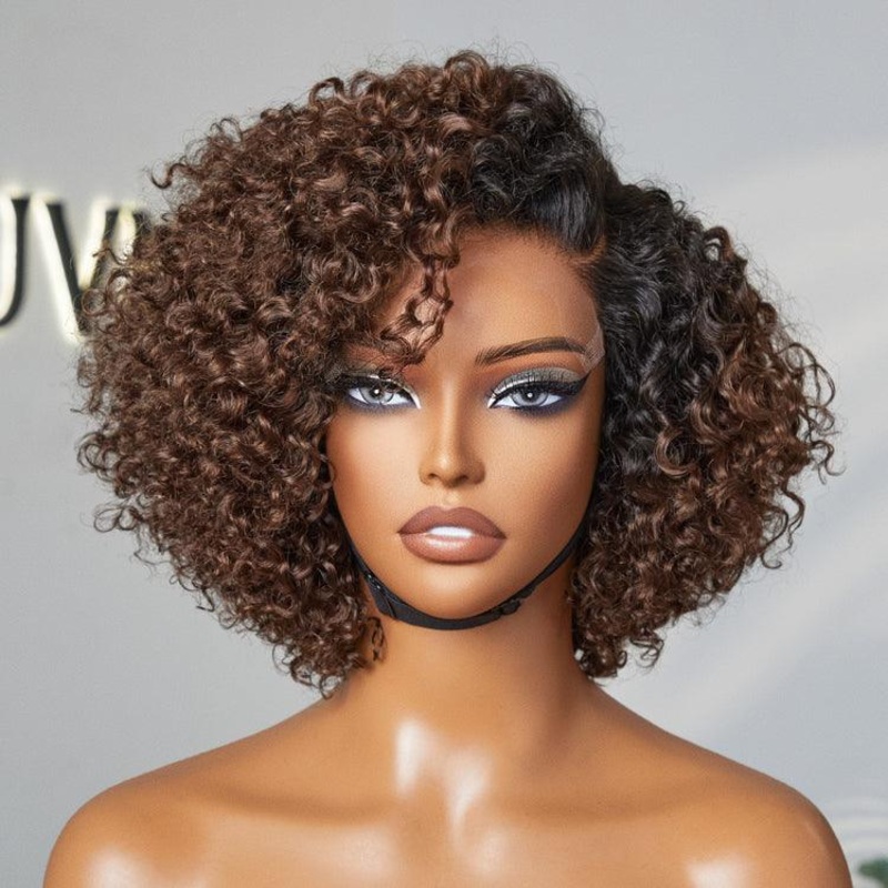 Ombre Brown Fluffy Kinky Curl Glueless Minimalist HD Lace Wig Ready to Go 8 Yes