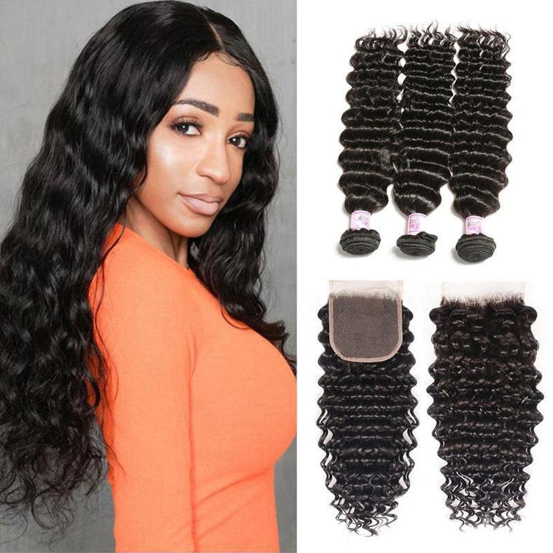 QVR Queen Remy 3 Bundles  Deep Wave Bundles with Closure Peruvian Hair Bundles with Closure Remy 100% Human Hair Bundles with Frontal 10″10″10″+10″
