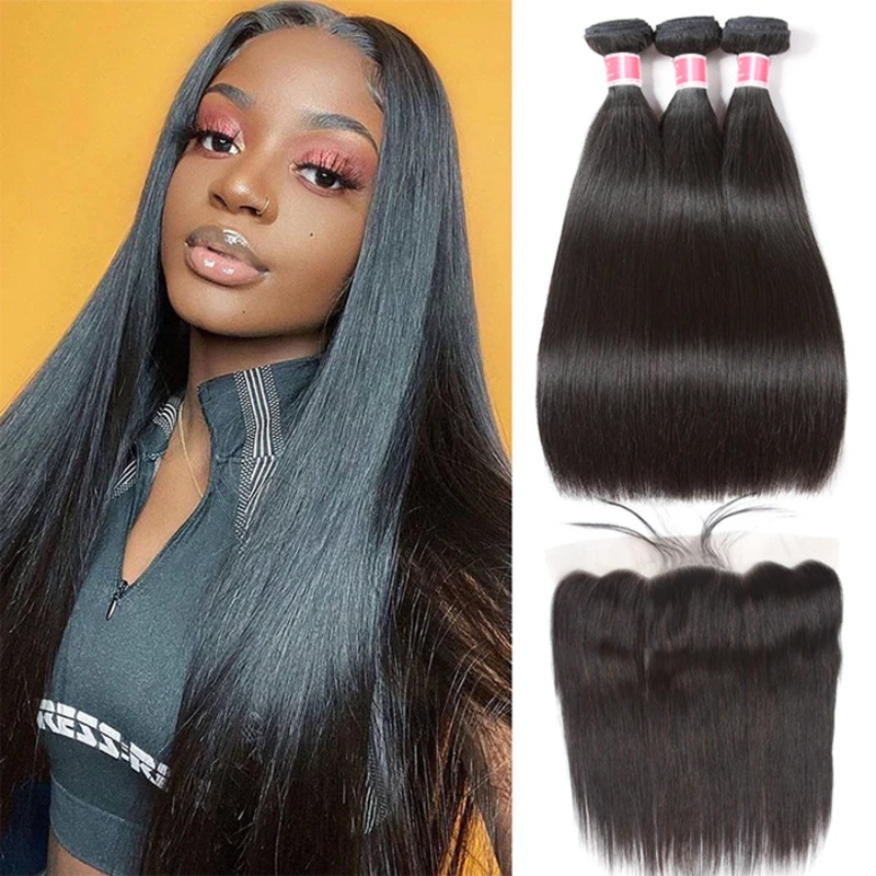3 Bundles Peruvian Straight Human Hair with 13*4 Ear to Ear Lace Frontal Closure Straight Bundles With Closure 12*3 with 10