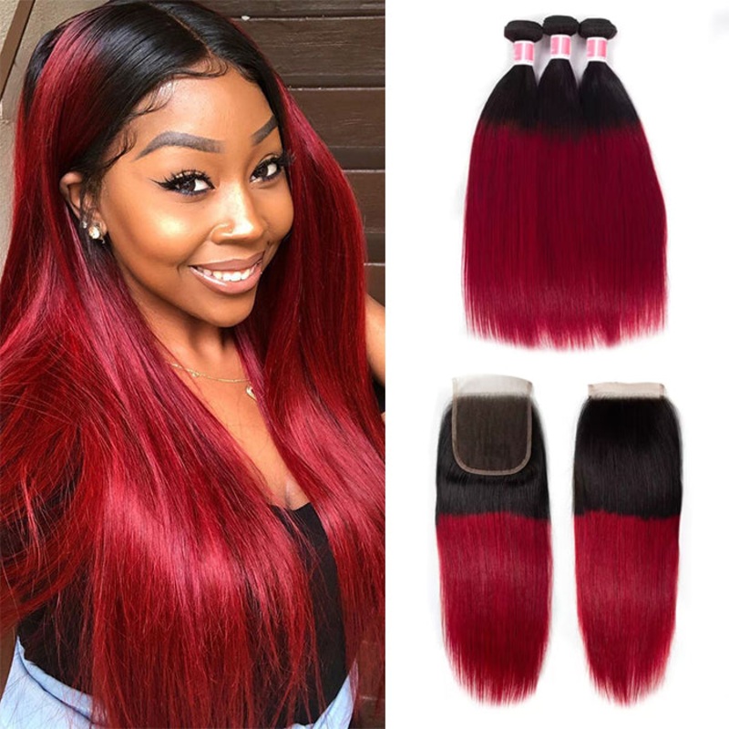 Ombre T1b/99J Straight Hair 3 Bundles with Closure Free Part Virgin Human Hair Free Part 12 12 12+10 Brazilian Hair