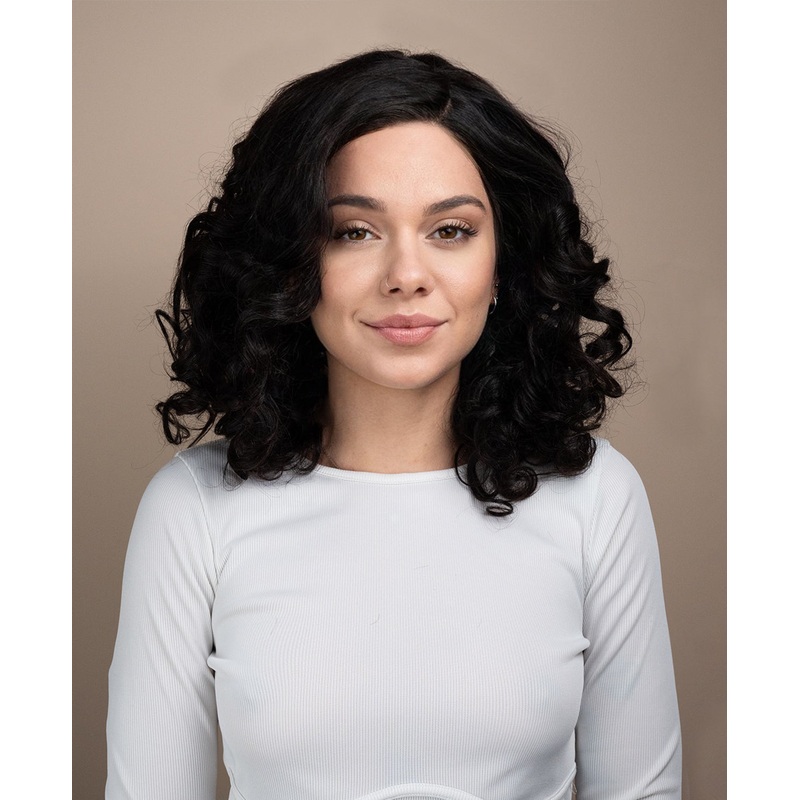 lace front human wig – 16″ 3a bouncy curls natural black.