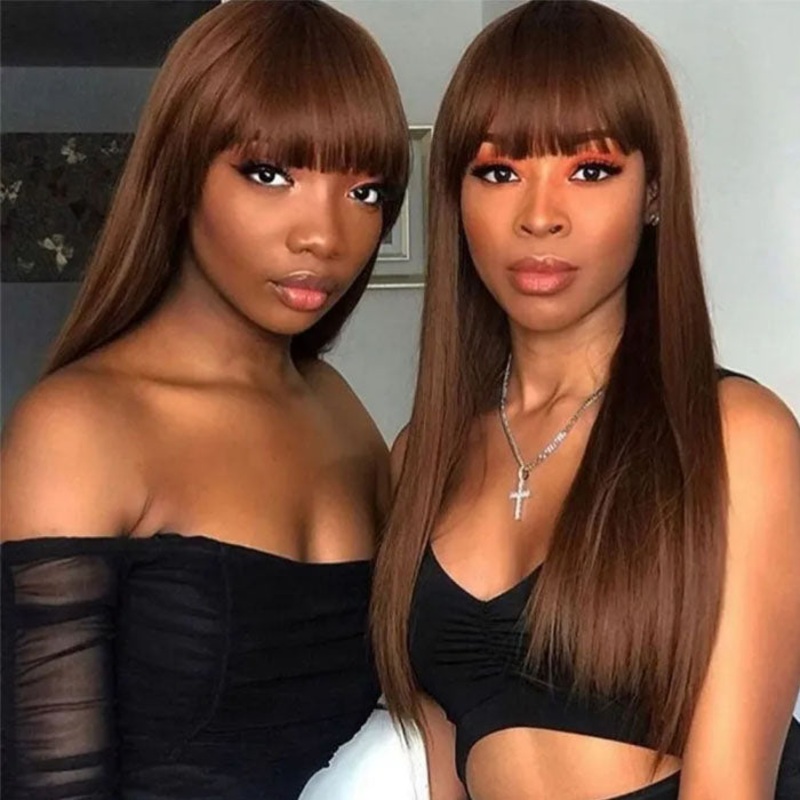 #4 Chocolate Brown Straight Wig With Bangs Glueless Top 2×4 Lace Wig With Bangs 14 2×4 Lace 150%