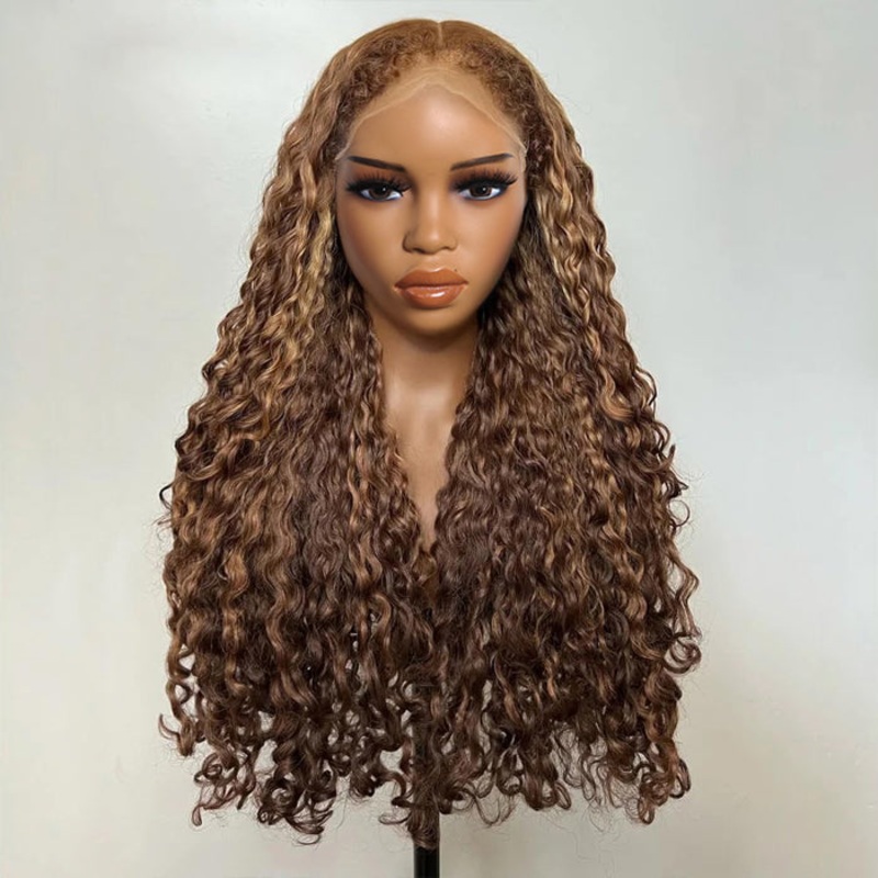 4C Edge Glueless Wigs Brown Highlight Water Wave Wigs 13×4 13×6 Invisible HD Lace Front Wigs with Drawstring Beginner Friendly 12 Pre Cut 8×5 Lace Water Wave