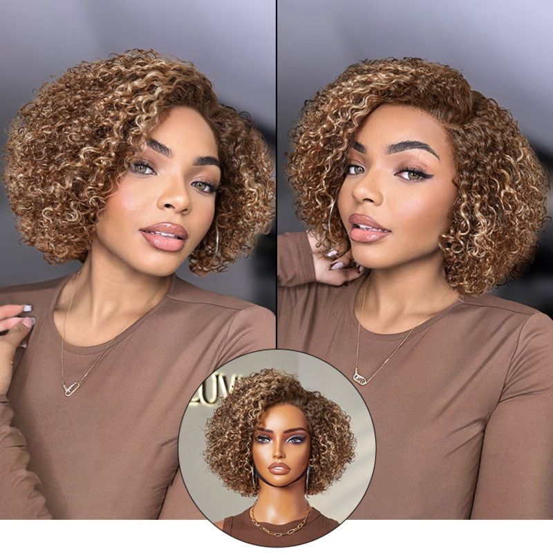 Beginner Friendly Ash Blonde Highlight Short Kinky Curly Wig Glueless Minimalist HD Lace Wig Pre-Cut Lace 8